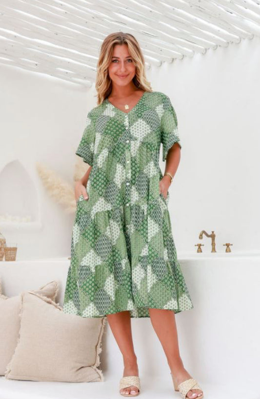 Rosalie Button Up Knee Length Dress - Green