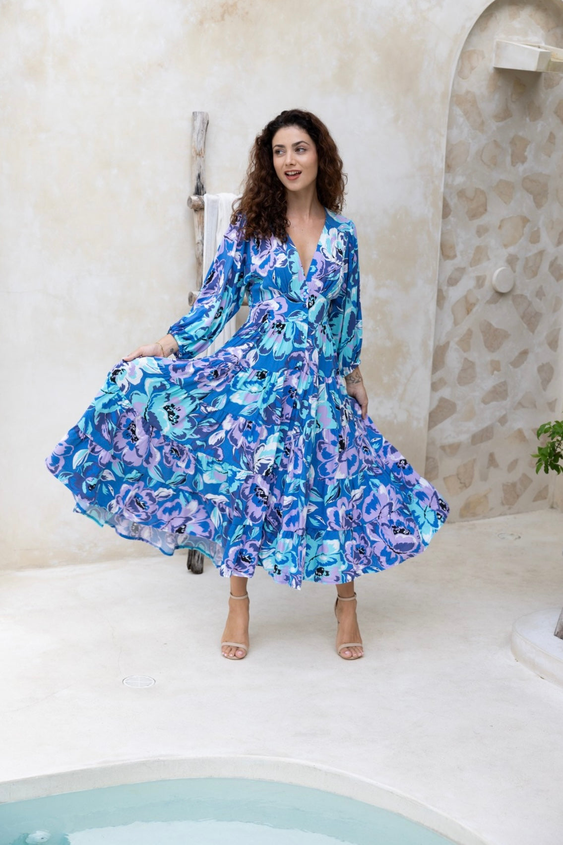 Zoe Button Up Long Sleeve Midi Dress - Blue Purple Floral