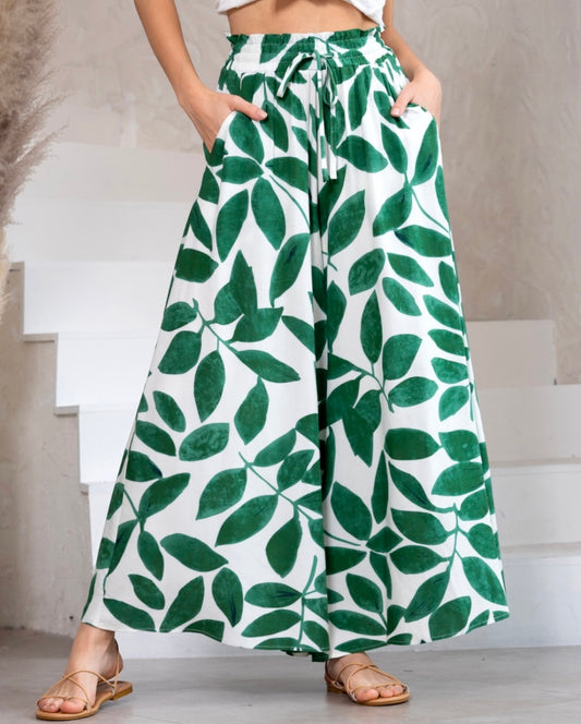 Kiara Wide Leg Pants - White Green Leaf