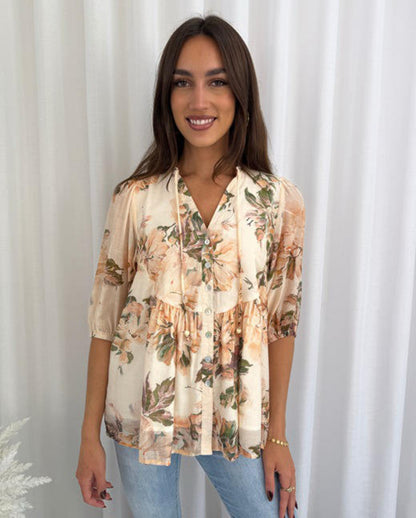 Pip Short Sleeve Button Up Shirt - Cream Floral