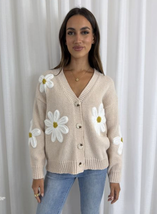 Flower Knit Button Up Cardigan - Beige White