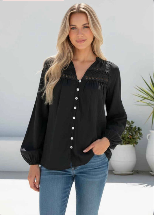 Debbie Long Sleeve Button Up Top - Black