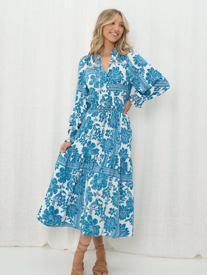 Cassandra Floral Long Sleeve Maxi Dress - Blue