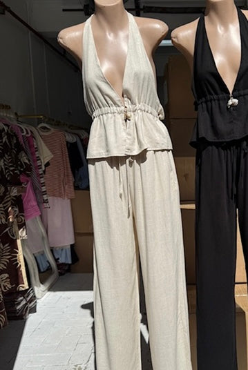 Halter Shell Top and Pant Set - Oat Linen Cotton