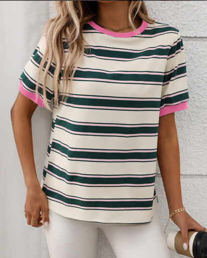 Trish Contrast Trims Stripe Tee Shirt - Green Pink