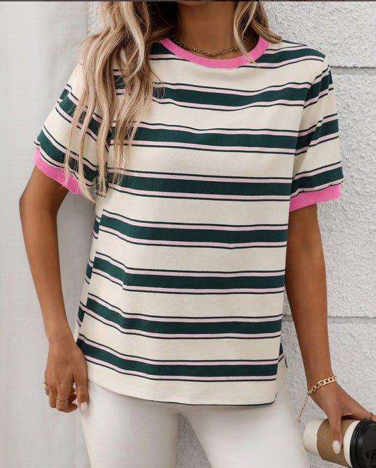 Trish Contrast Trims Stripe Tee Shirt - Green Pink