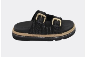 Maple Double Buckle Raffia Platform Sandal Shoes - Black