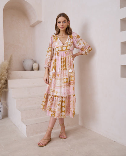 Shelly Boho Half Sleeve Midi Dress - Pink