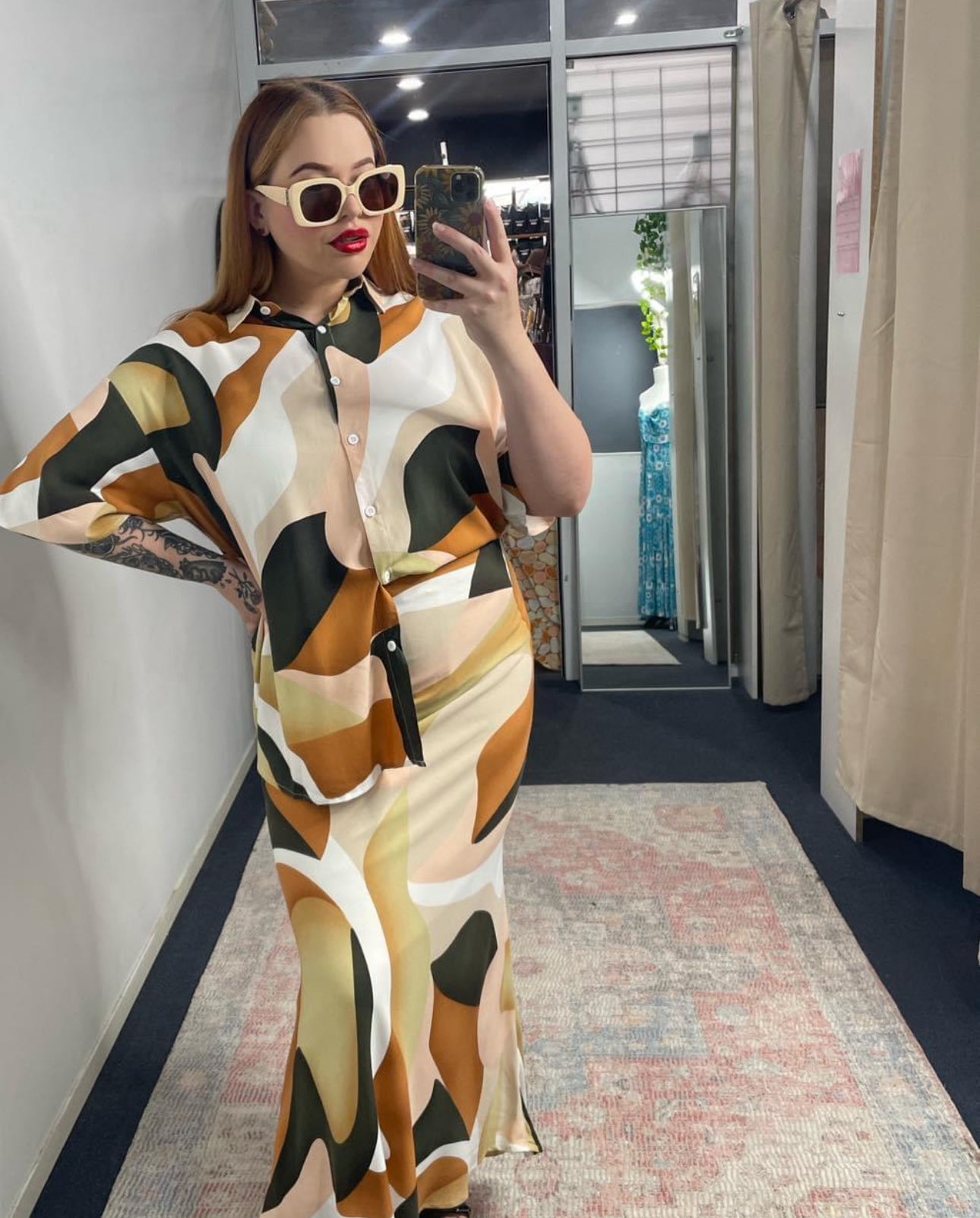 Renee By Frankie Shirt & Maxi Skirt Set - Brown Abstract