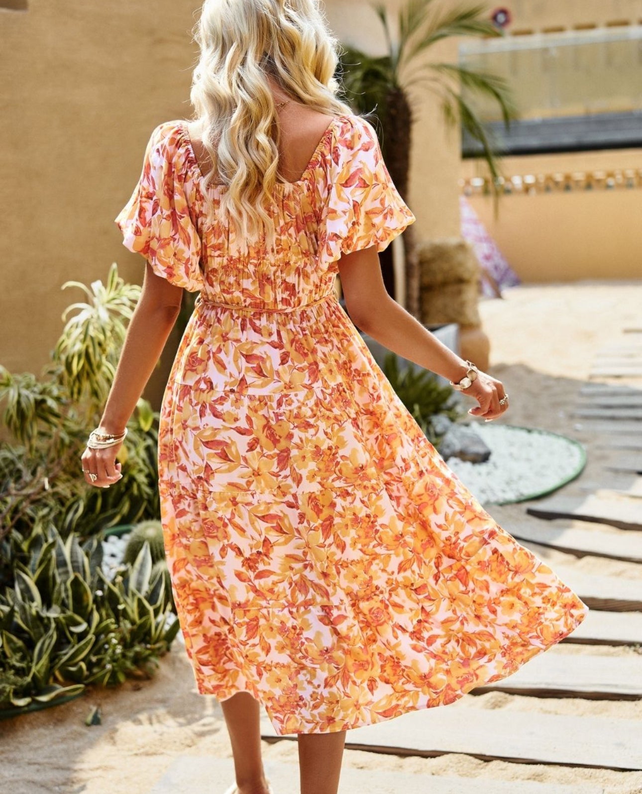 Sophia Floral Off The Shoulder Midi Dress - Orange