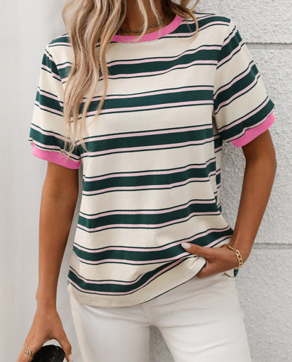 Trish Contrast Trims Stripe Tee Shirt - Green Pink