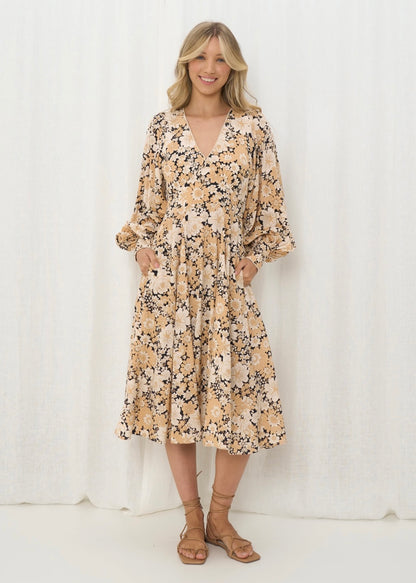 Avah Long Sleeve V-Neck Midi Dress - Floral