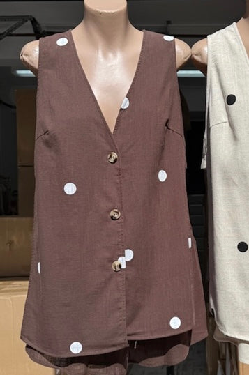 Milly Polka Dot Button Up Open Vest Shirt & Shorts Set - Chocolate Brown | By Frankie