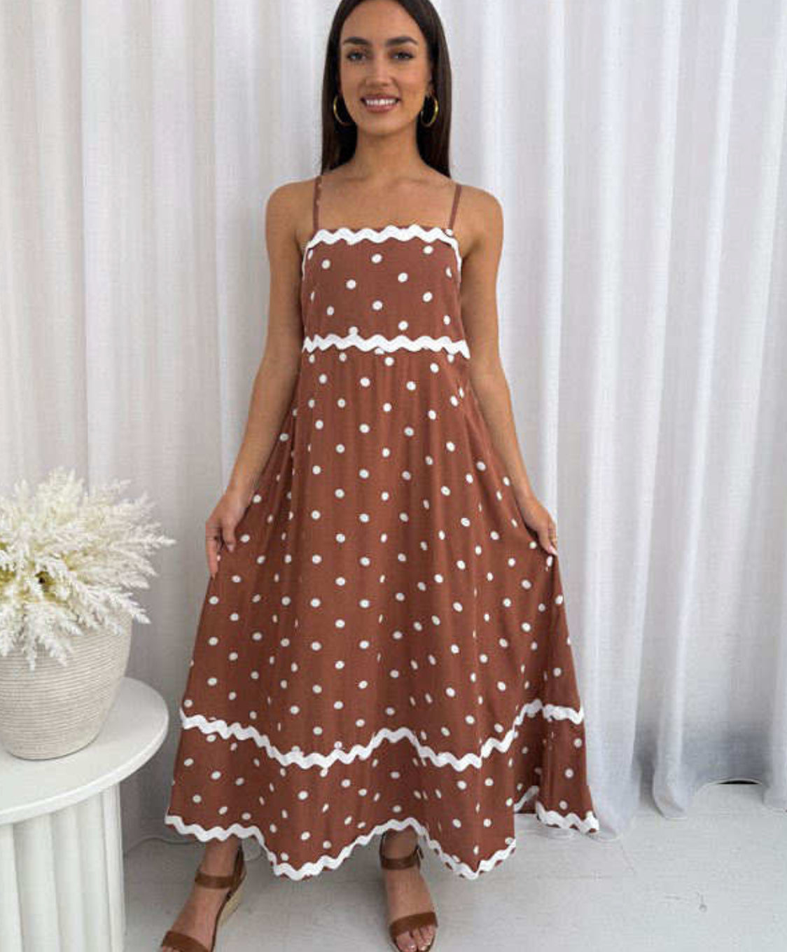 Eden Sleeveless RIC RAC Maxi Dress - Brown Polka Dot