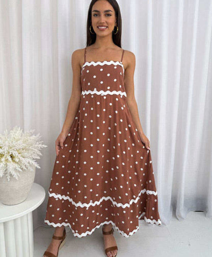 Eden Sleeveless RIC RAC Maxi Dress - Brown Polka Dot