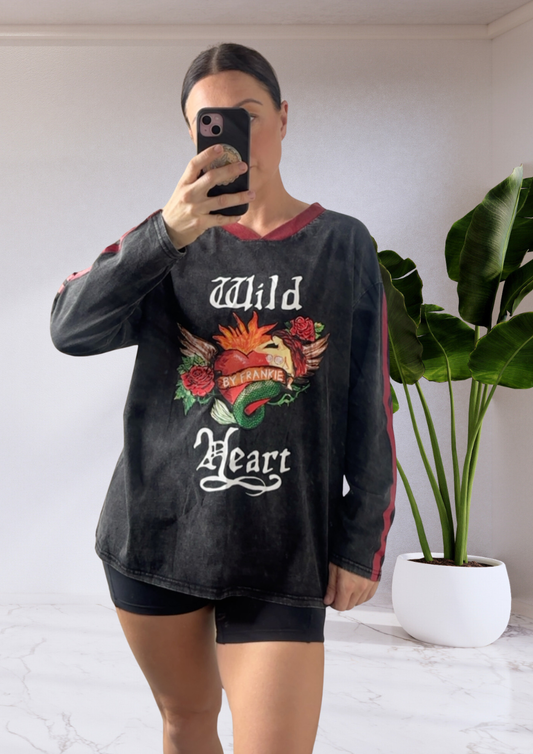 Mya Long Sleeve Oversized Tee T-Shirt - Wild Heart Black Acid Wash