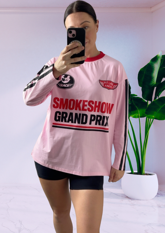 Jersey Oversized Long Sleeve Tee Shirt - Smokeshow Grand Pink