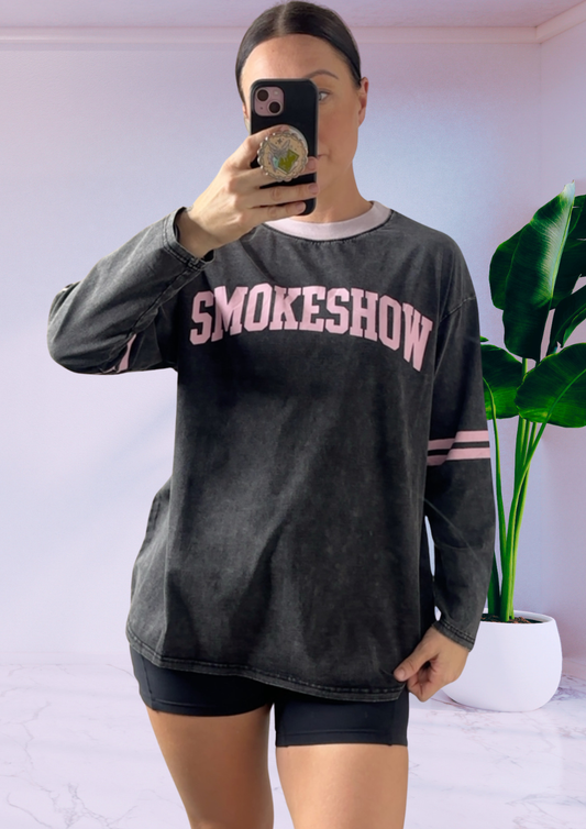 Jersey Oversized Long Sleeve Tee Shirt -  Black Smokeshow Acid Wash