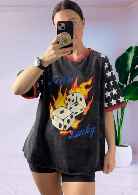 Jersey Oversized Tee Shirt - Feelin Lucky Black Acid Wash