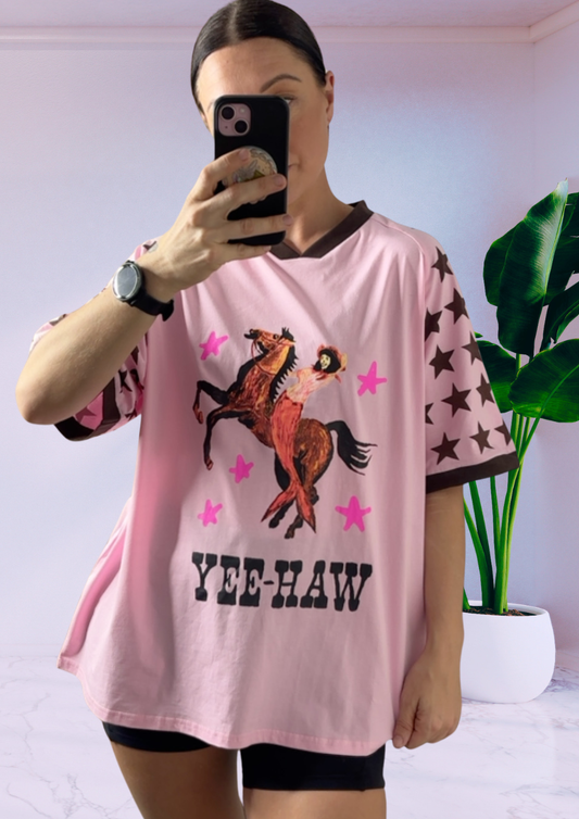 Jersey Oversized Tee Shirt - Yee Haw Pink