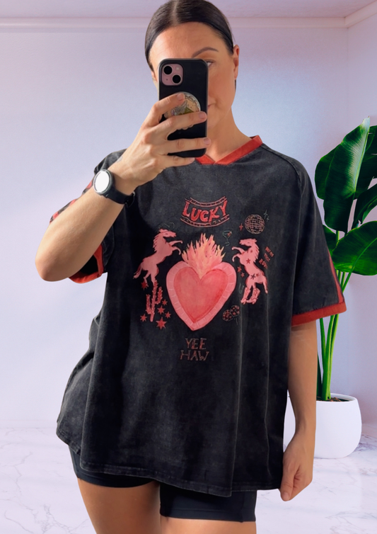 Jersey Oversized Tee Shirt - Lucky Yee Haw Black Acid Wash