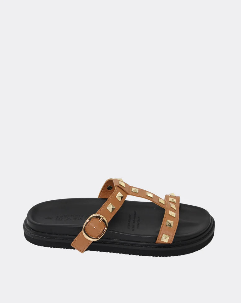 Peyton Studded Leather Sandle Slide Shoes - Tan