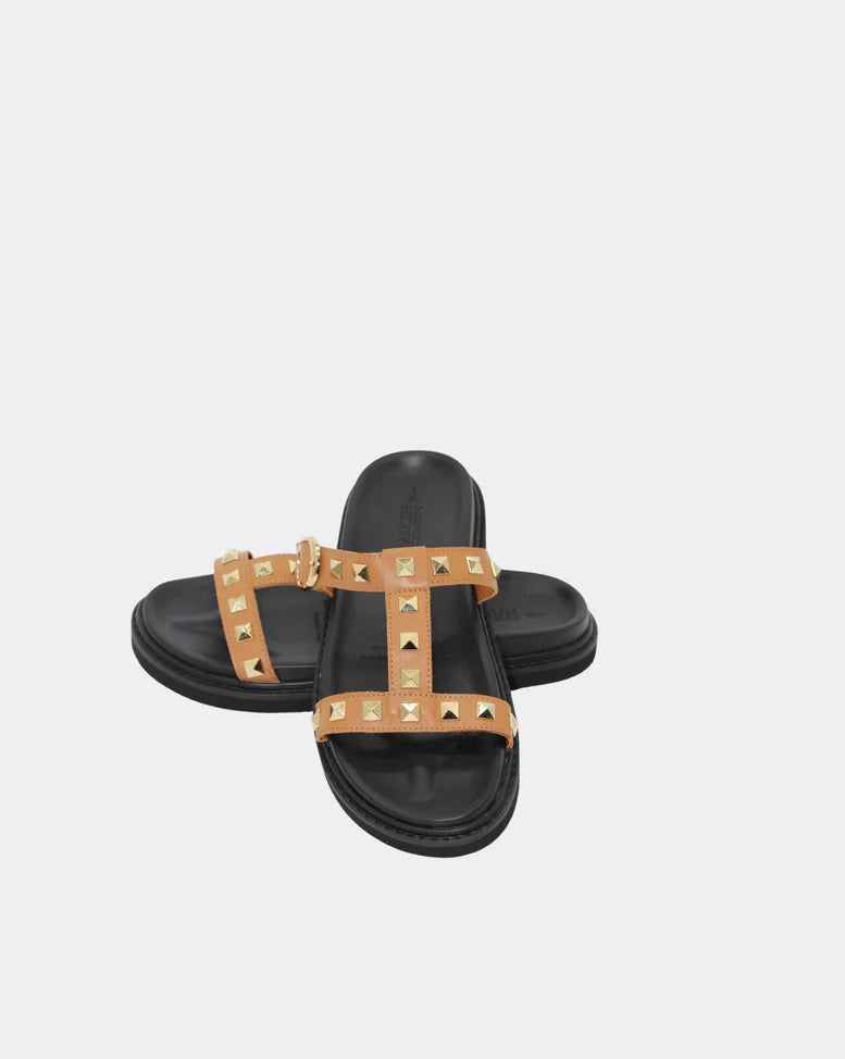 Peyton Studded Leather Sandle Slide Shoes - Tan