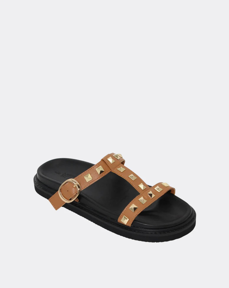 Peyton Studded Leather Sandle Slide Shoes - Tan