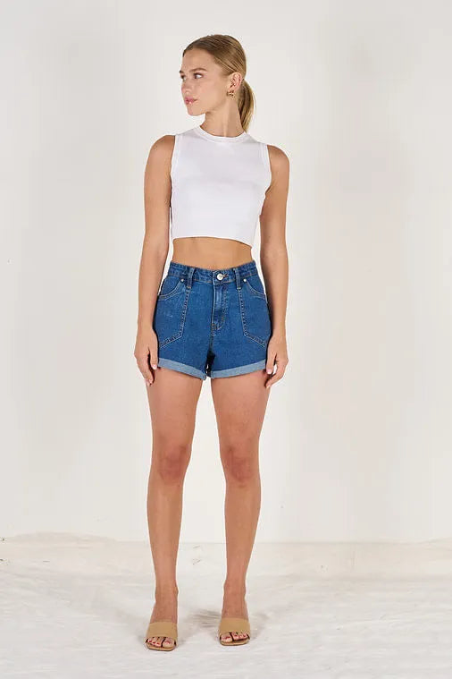 Sharon High Waist Cuffed Denim Shorts - Dark Blue