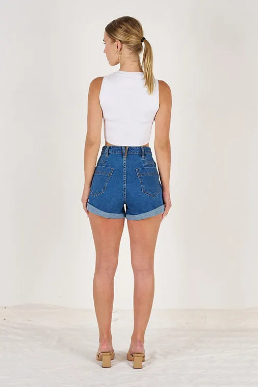 Sharon High Waist Cuffed Denim Shorts - Dark Blue