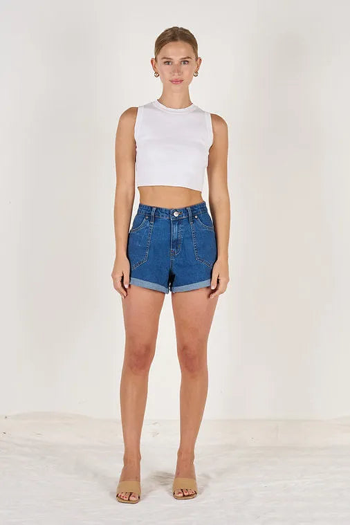 Sharon High Waist Cuffed Denim Shorts - Dark Blue