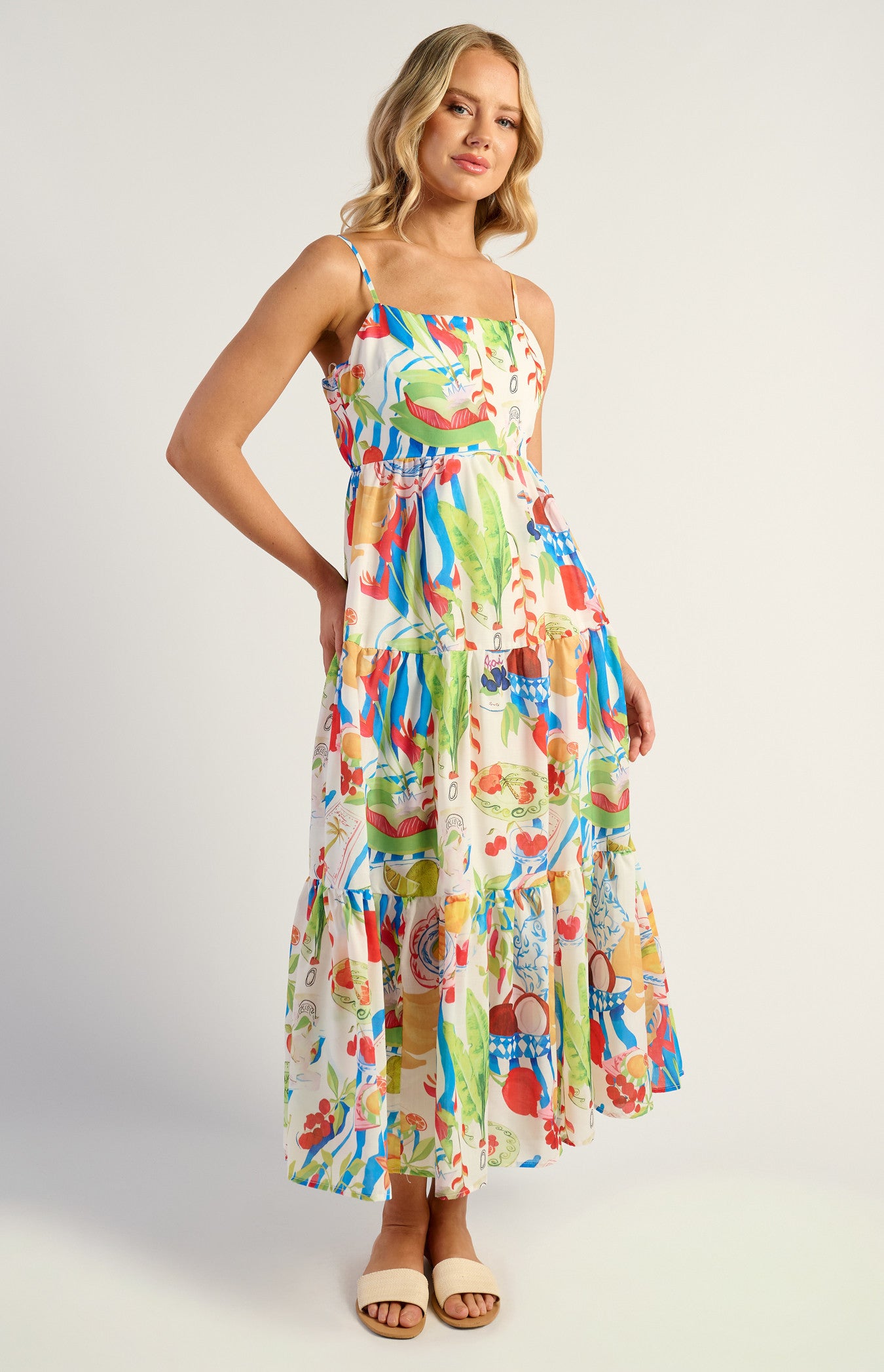 Jayde Floral Tiered Tie Back Detail Midi Dress - Fiesta Print