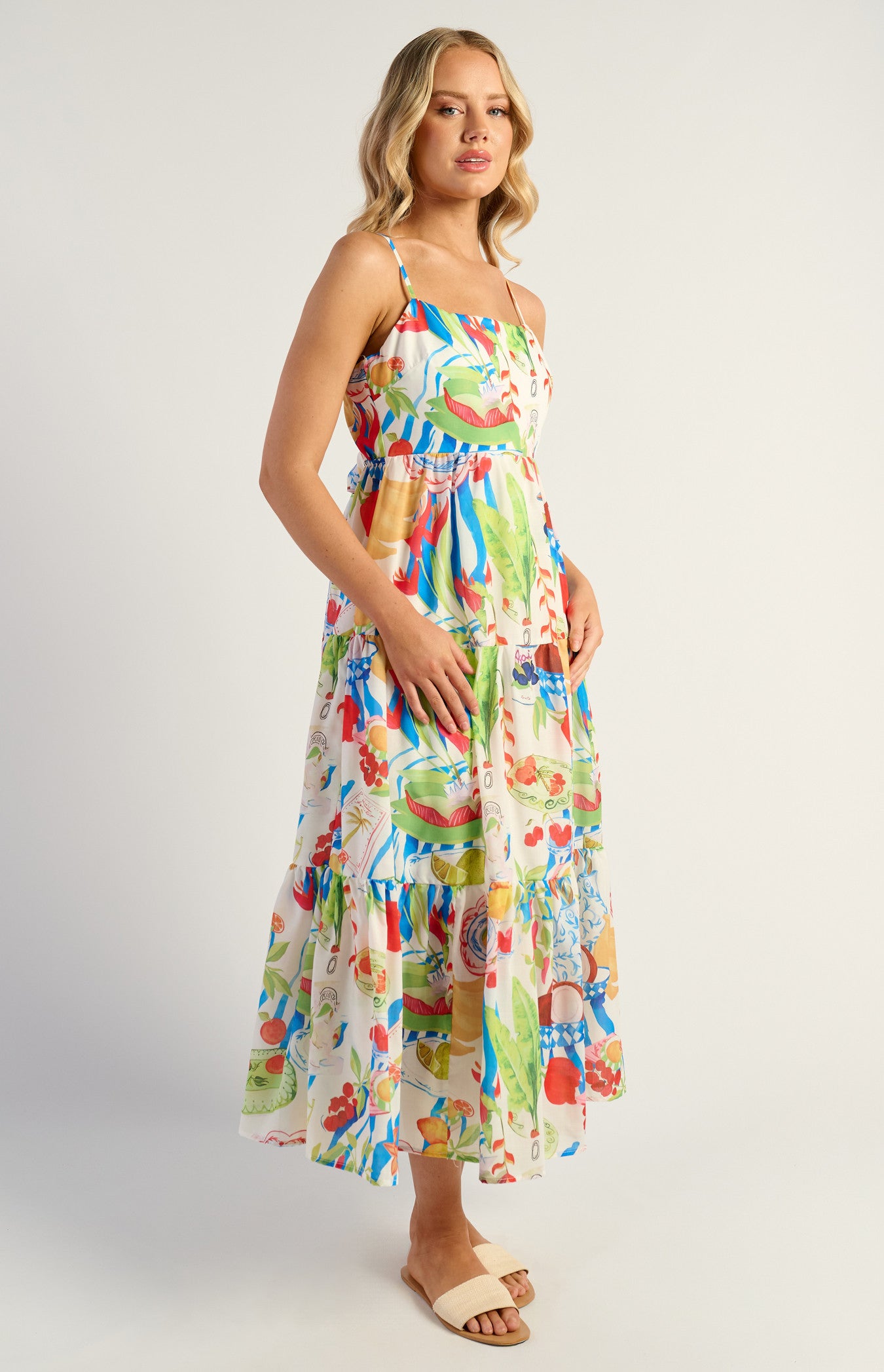 Jayde Floral Tiered Tie Back Detail Midi Dress - Fiesta Print