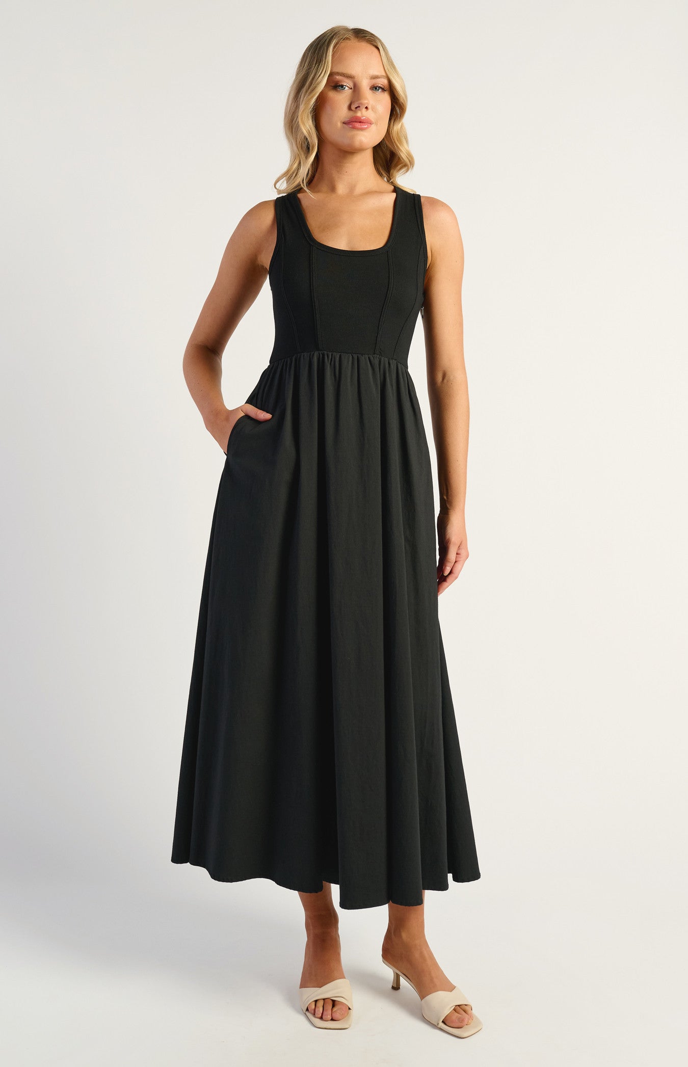 Phoenix Contrast Fabric Dress With Stretch Jersey Bodice & Cotton Blend Skirt - Black