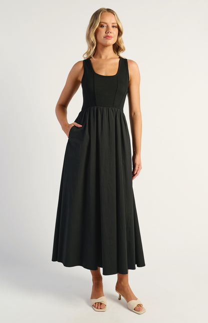 Phoenix Contrast Fabric Dress With Stretch Jersey Bodice & Cotton Blend Skirt - Black