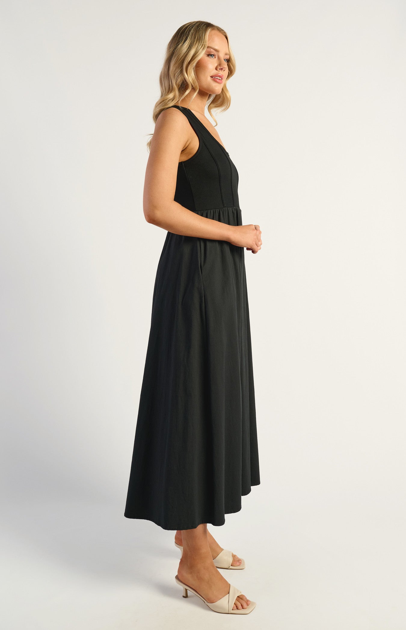 Phoenix Contrast Fabric Dress With Stretch Jersey Bodice & Cotton Blend Skirt - Black