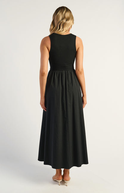 Phoenix Contrast Fabric Dress With Stretch Jersey Bodice & Cotton Blend Skirt - Black