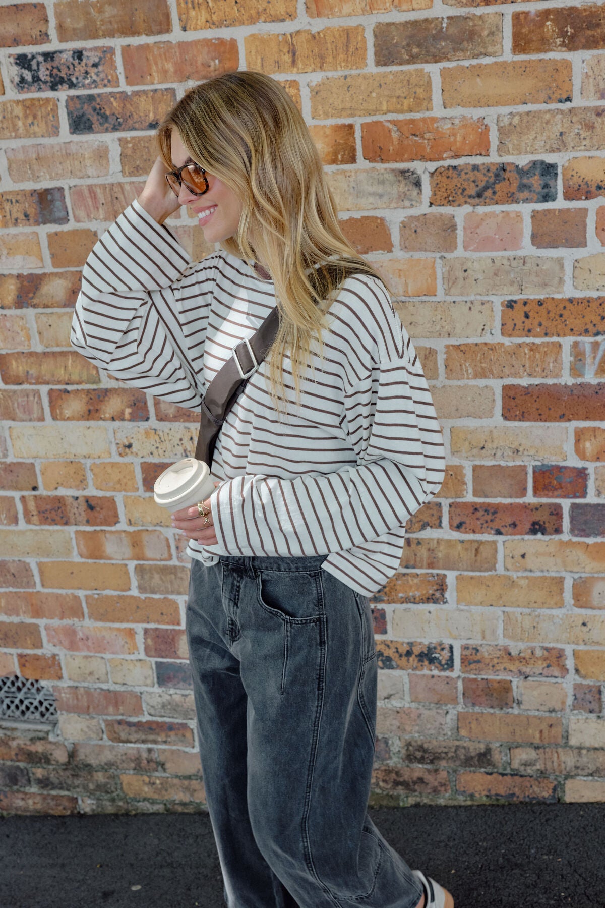 Beau Long Sleeve Slouchy Tee Shirt - Milk Brown Stripe | Ceres Life