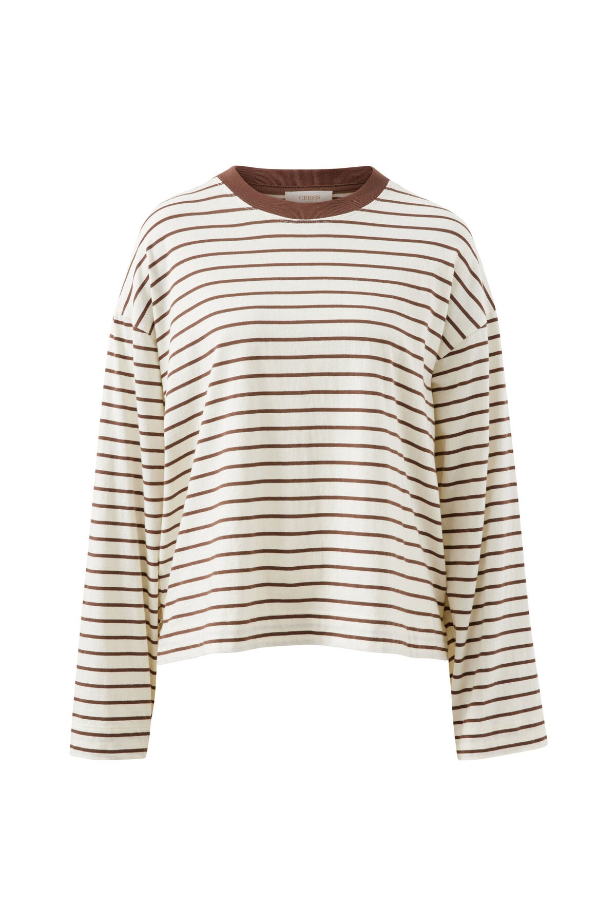 Beau Long Sleeve Slouchy Tee Shirt - Milk Brown Stripe | Ceres Life
