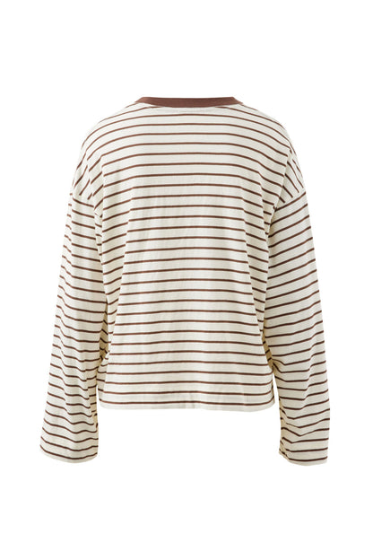 Beau Long Sleeve Slouchy Tee Shirt - Milk Brown Stripe | Ceres Life