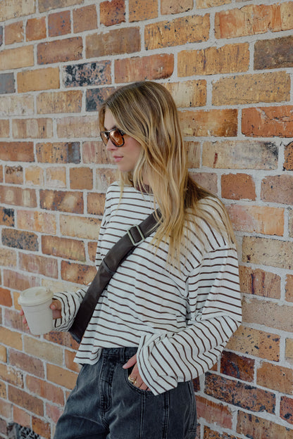 Beau Long Sleeve Slouchy Tee Shirt - Milk Brown Stripe | Ceres Life
