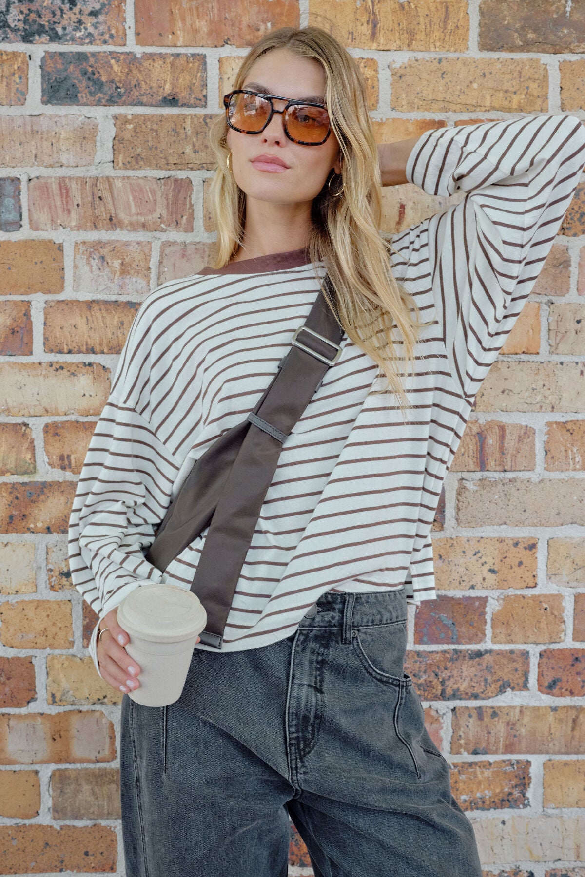 Beau Long Sleeve Slouchy Tee Shirt - Milk Brown Stripe | Ceres Life