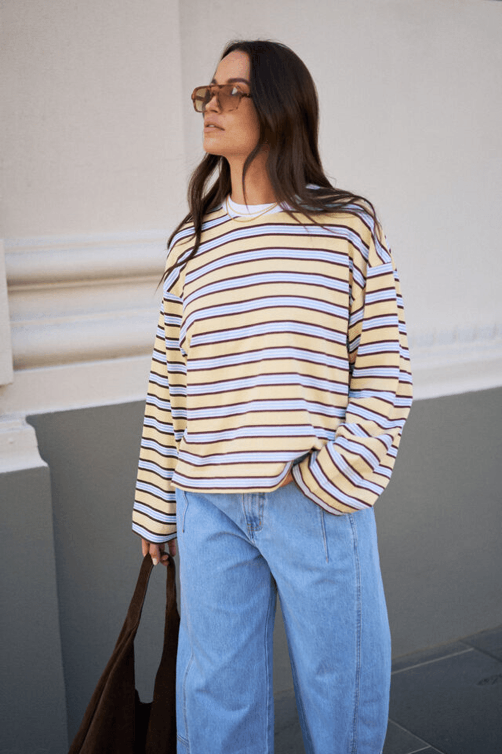 Beau Long Sleeve Slouchy Tee Shirt - Butter Brunette Stripe | Ceres Life