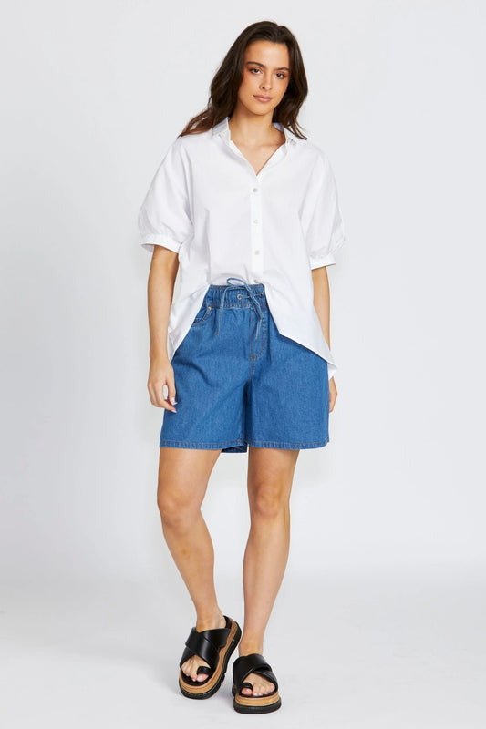 Cleo Elastic Waist Denim Shorts - Blue Vintage