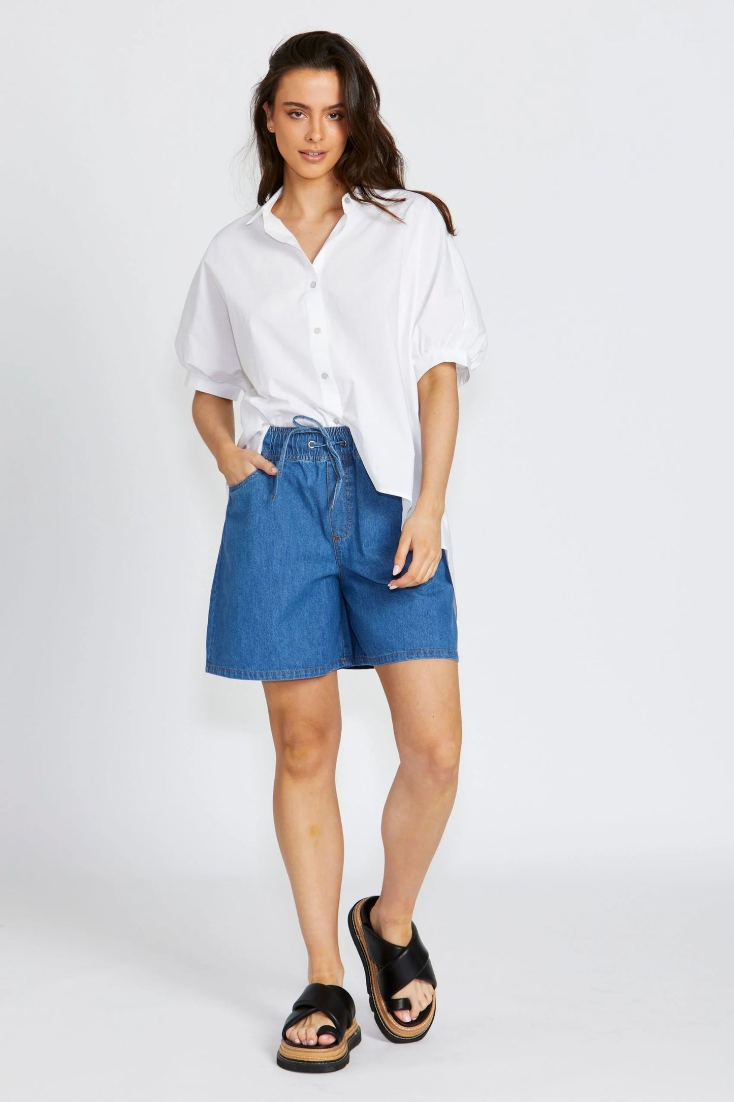 Cleo Elastic Waist Denim Shorts - Blue Vintage