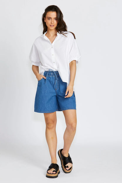 Cleo Elastic Waist Denim Shorts - Blue Vintage