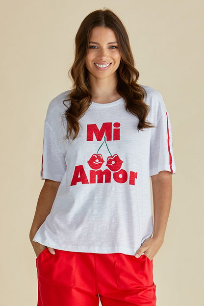 Relax Boxy Tee T-Shirt - Cherry Print - White