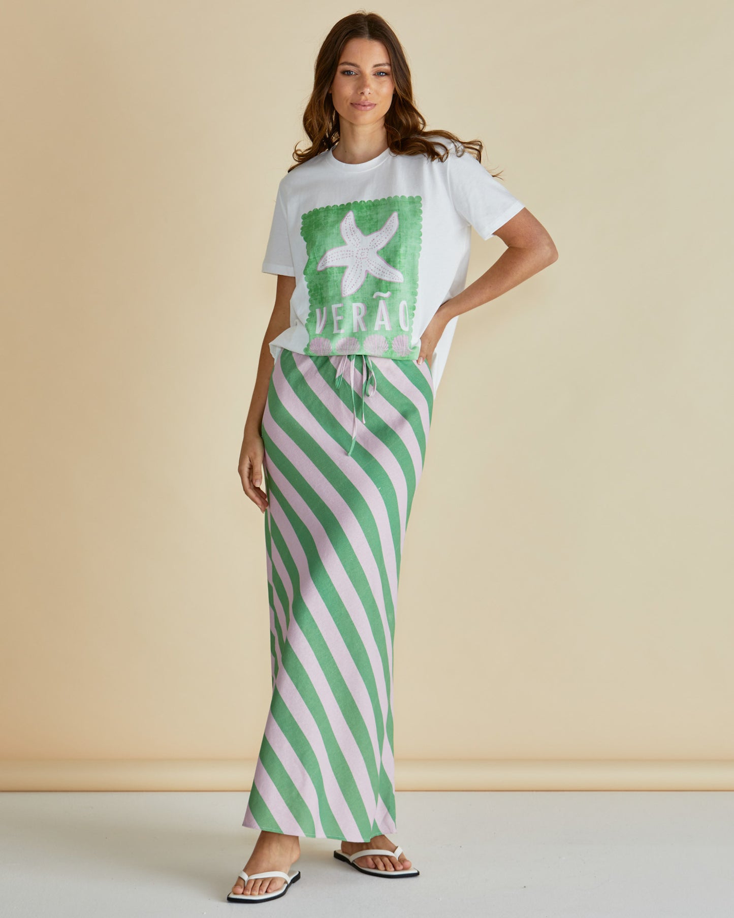 Brooke Bias Midi Skirt in Green/Pink Stripe