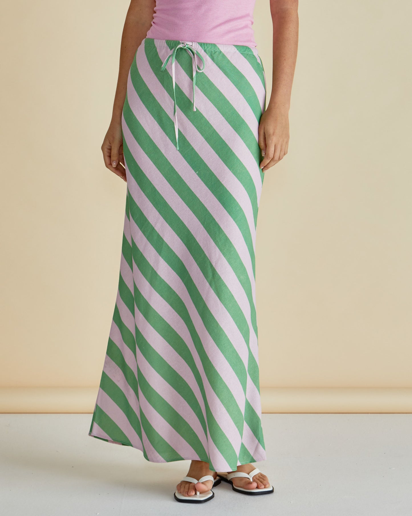 Brooke Bias Midi Skirt in Green/Pink Stripe