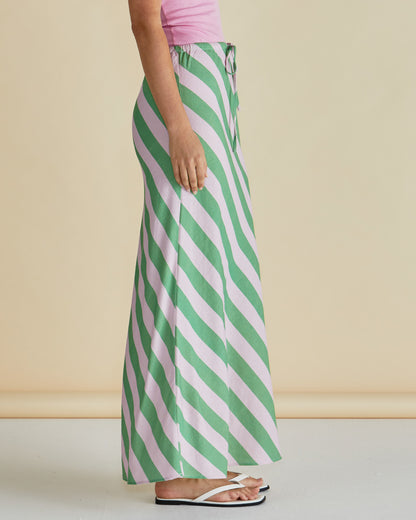 Brooke Bias Midi Skirt in Green/Pink Stripe
